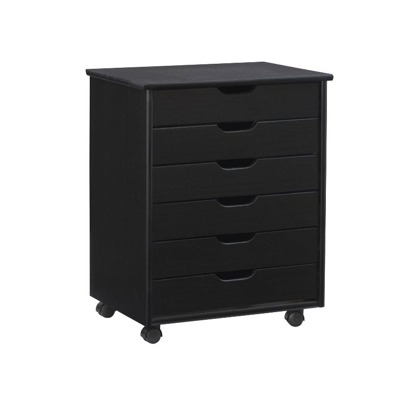 Cary Transitional 6 Drawer Solid Wood Contoured Handle Cut Out Wide Roll Cart Black - Linon: Pine Frame, Farmhouse Style, Portable Storage