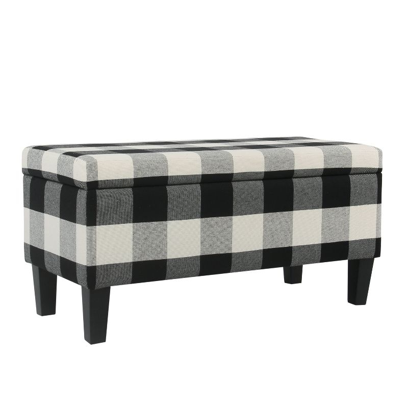 Large Decorative Storage Bench Black Plaid - HomePop: Upholstered Ottoman for Bedroom & Entryway