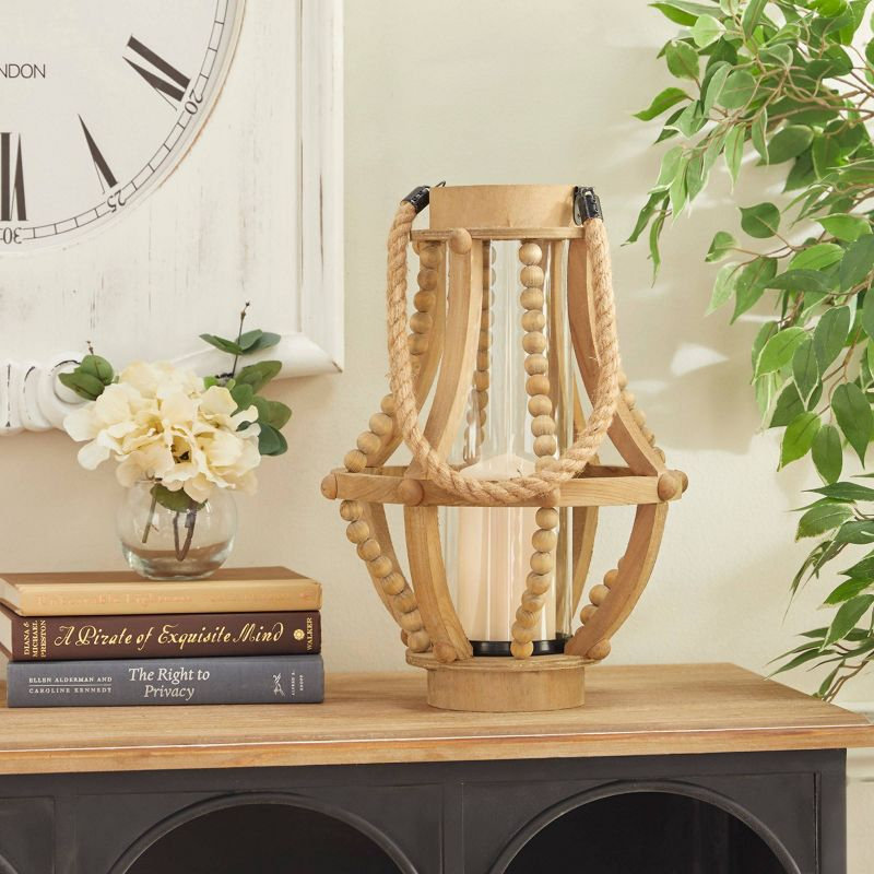 Olivia & May 16" x 10" Rustic Wood/Glass Candle Holder with Rope Handle Beige : Wooden Lantern, Tall Pillar Style