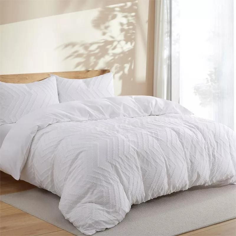 Peace Nest Tufted Clipped Jacquard Geometric Duvet Cover & Pillowcase Set, Wave White, Full/Queen, 90"x90"