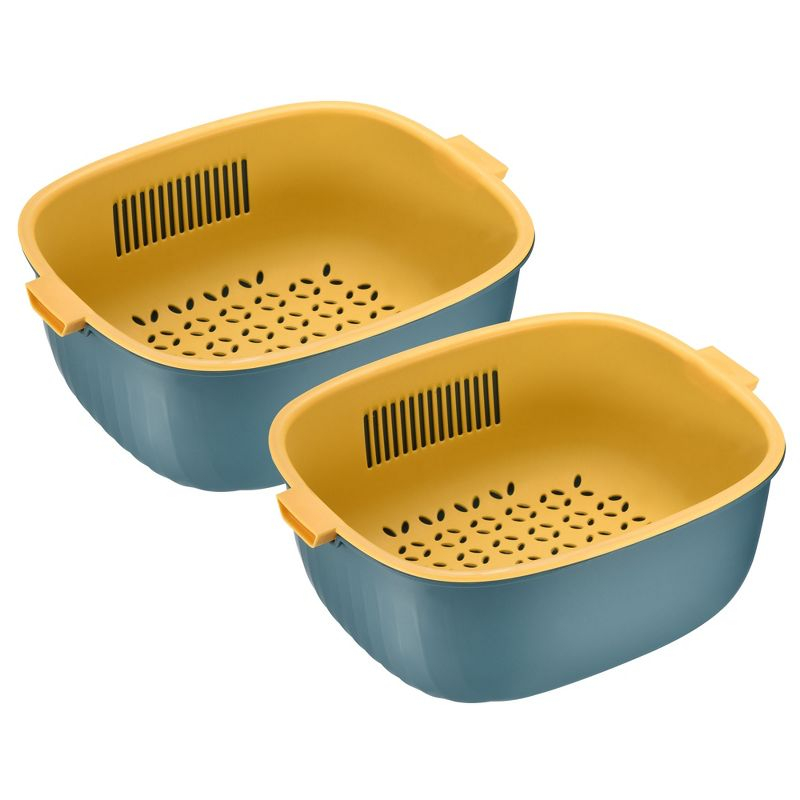 Unique Bargains Colander Bowl Strainers Set Plastic Double Layered Drain Basket Blue 2 Pcs