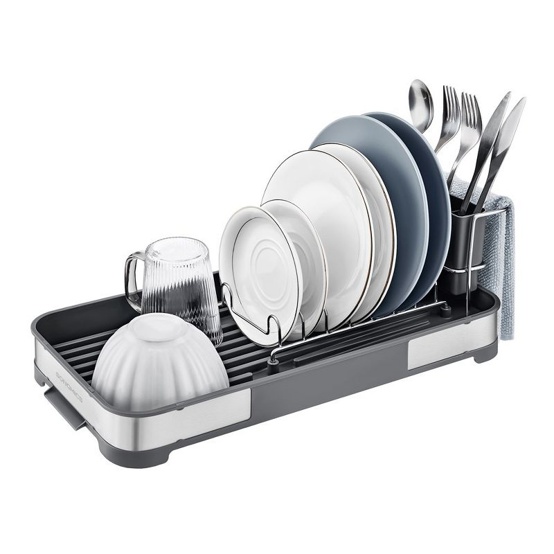 SONGMICS Dish Drying Rack, Dish Dryer for Kitchen Counter, Stainless Steel Dish Rack with Drain, Utensil Holder, Rustproof Gray