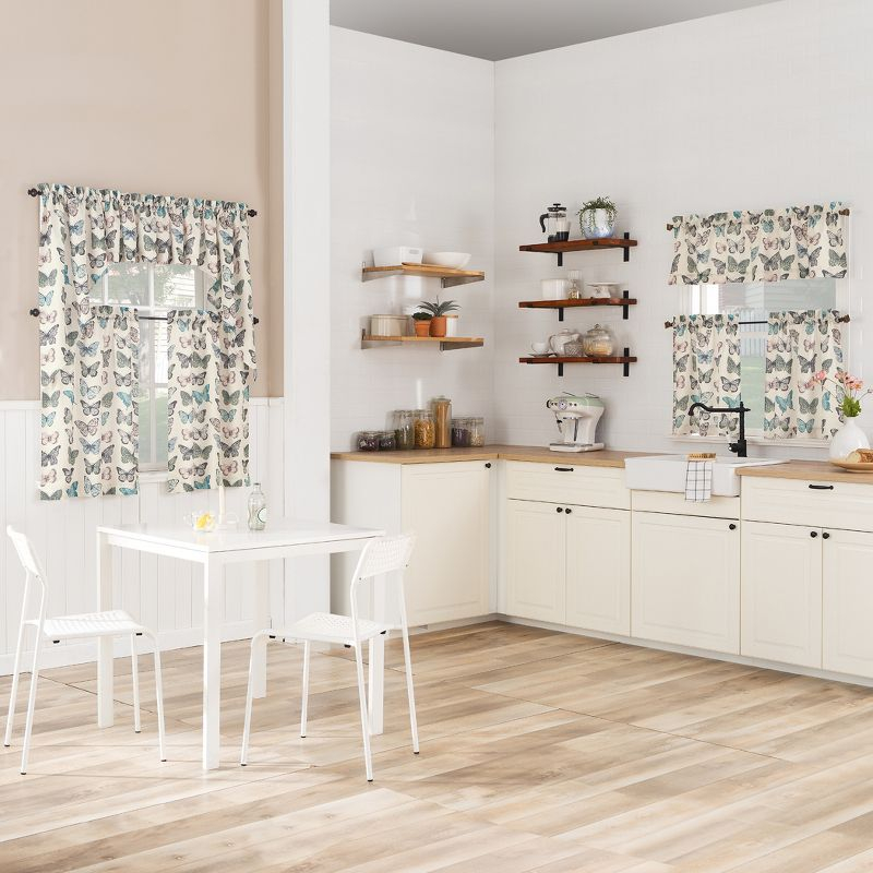 2pc 56"x24" No. 918 Sheer Magdalena Butterfly Print Rod Pocket Kitchen Curtain Tier Pair: Polyester, Machine Washable