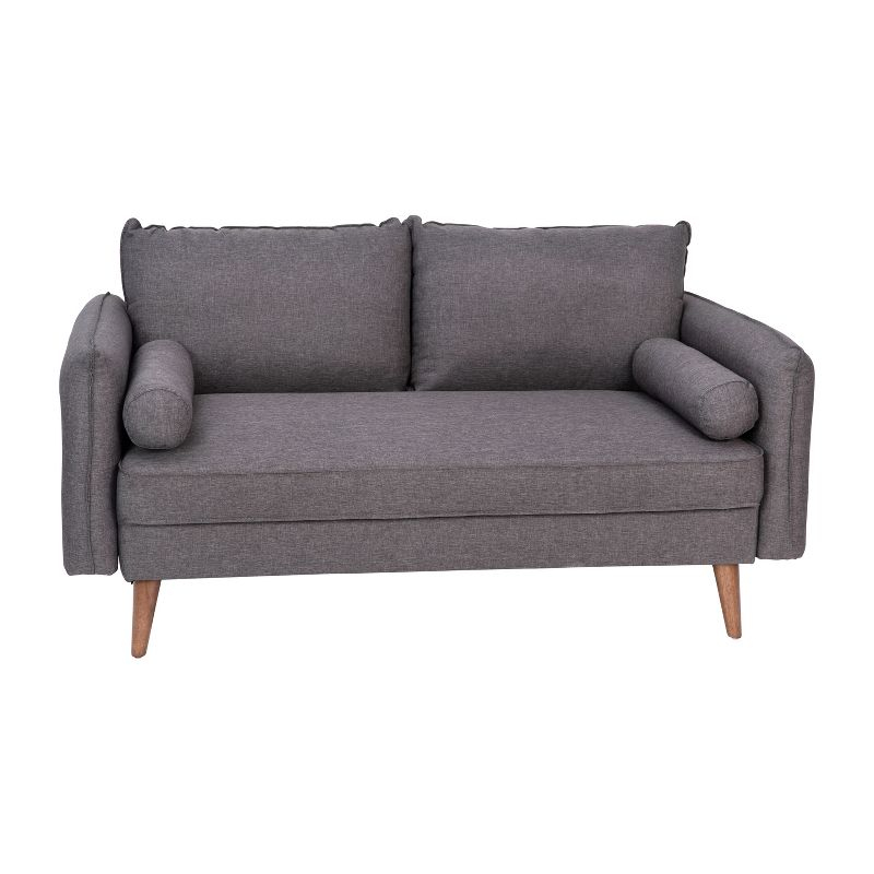 Flash Furniture Evie Mid-Century Modern Loveseat Sofa with Faux Linen Fabric Upholstery & Solid Wood Legs in Stone Gray