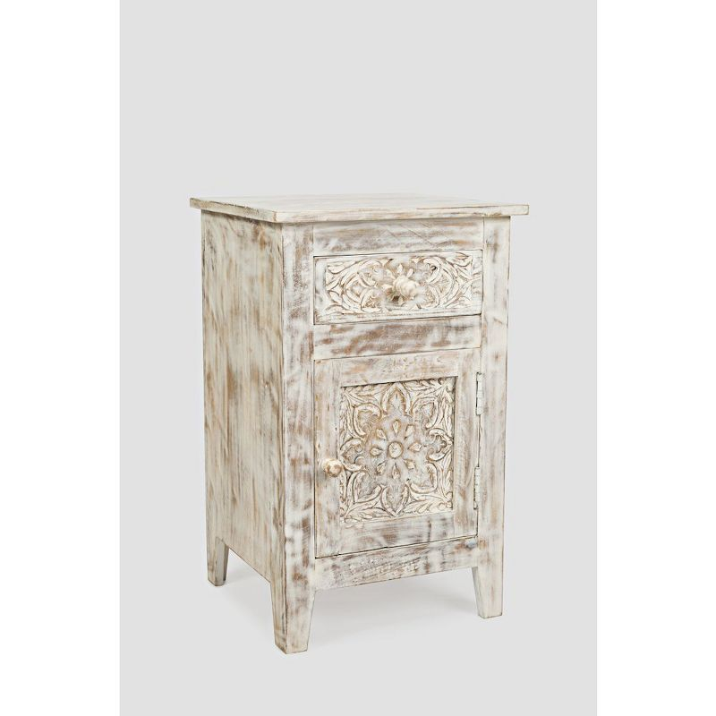 Jofran,Global Archive Hand Carved Mango Wood Accent Table- White Color