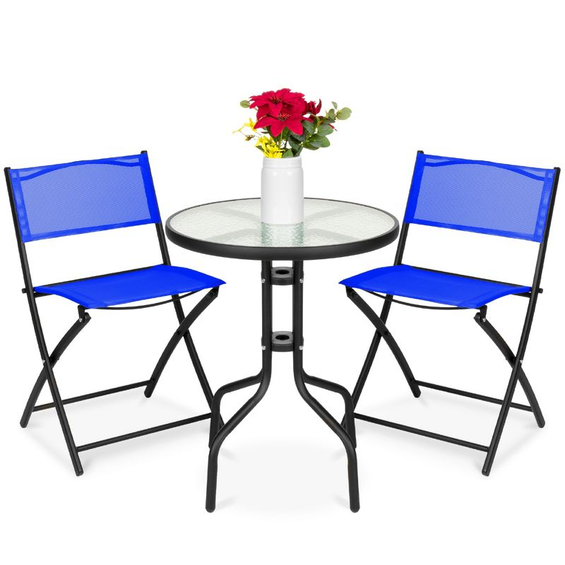 George Oliver 3-Piece Patio Bistro Dining Furniture Set W/ Glass Tabletop, Folding Chairs