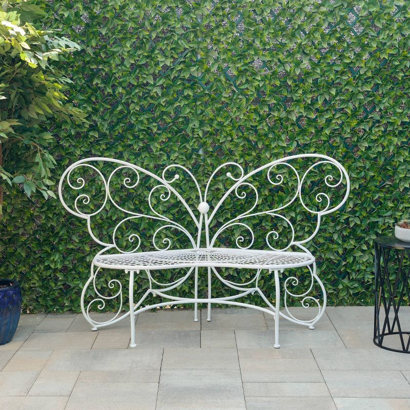 38" x 62" Metal Butterfly Outdoor Bench White - Alpine Corporation: Weather-Resistant, Garden Seating