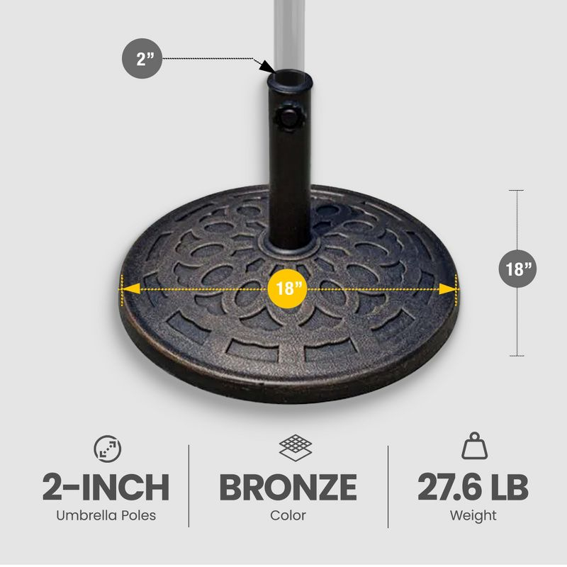 Four Seasons Courtyard Solid 18 Inch Round Base for 2 Inch Umbrella Poles to Shade Outdoor Backyard Garden, Patios, and Porches, Bronze