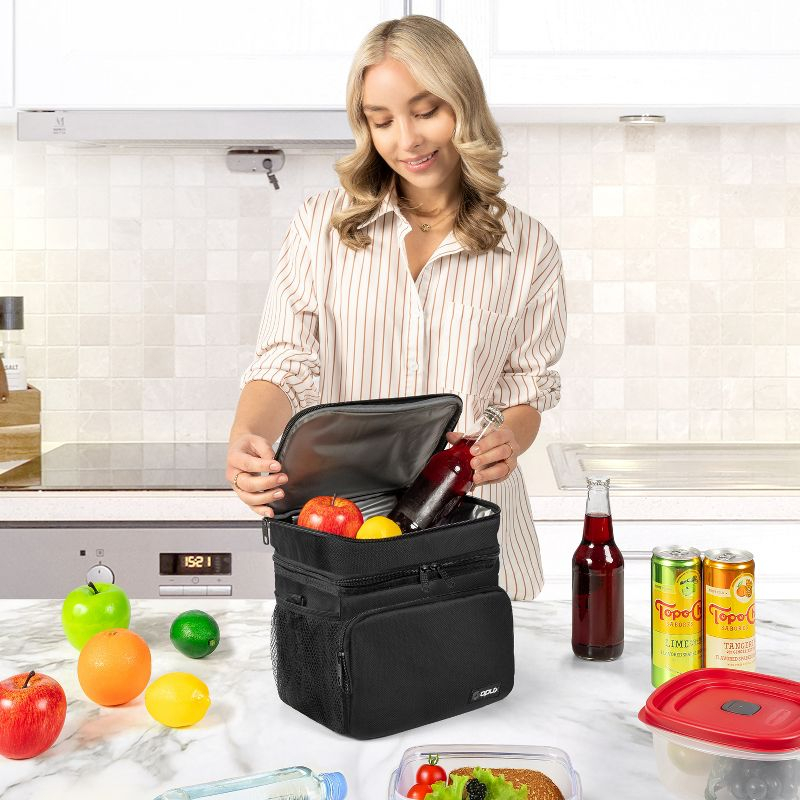 OPUX Insulated Lunch Box Men Women, Large Soft Cooler Bag Work School Picnic, Leakproof Tote Shoulder Strap Kid Adult (Black, Double Deck)