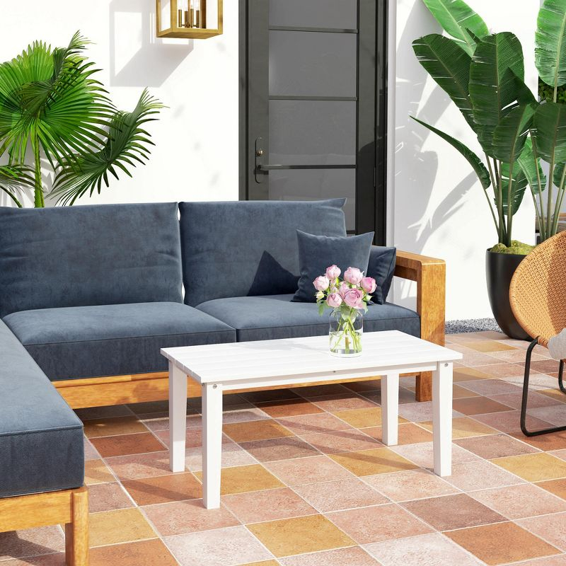 Outsunny HDPE Outdoor Coffee Table, Rectangle All-Weather Patio Coffee Table, Slatted Outdoor Patio Table for Garden, Balcony, Backyard, White