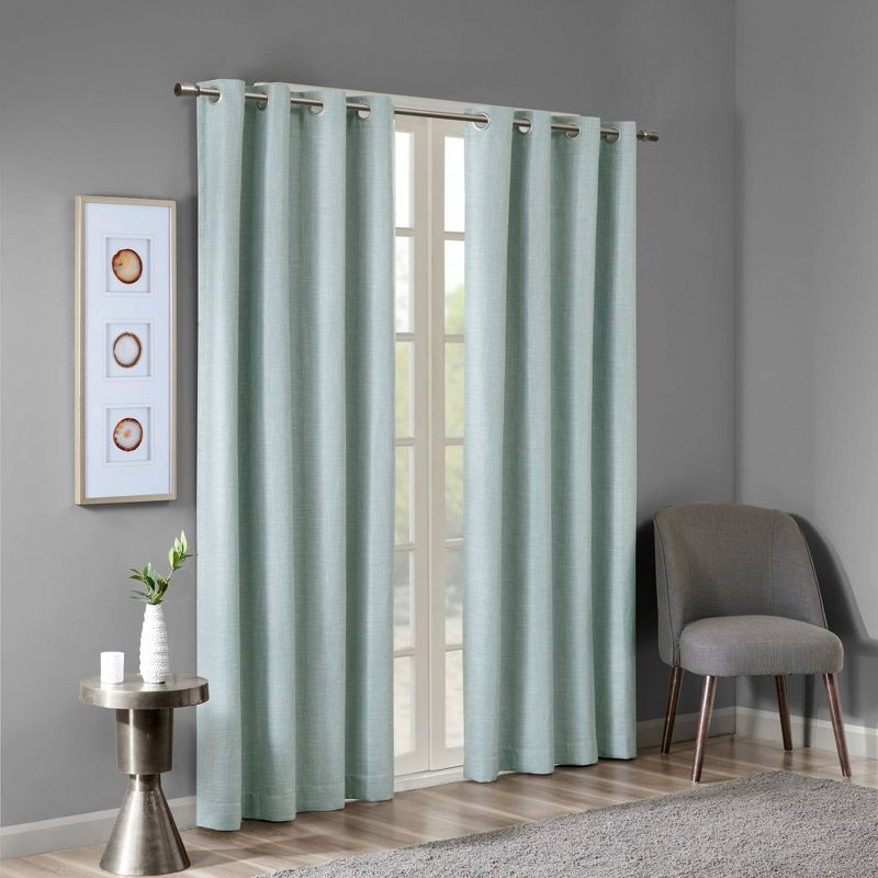 84"x50" Rune Printed Heathered Blackout Curtain Panel Aqua: SunSmart Energy Efficient Grommet Top Curtain