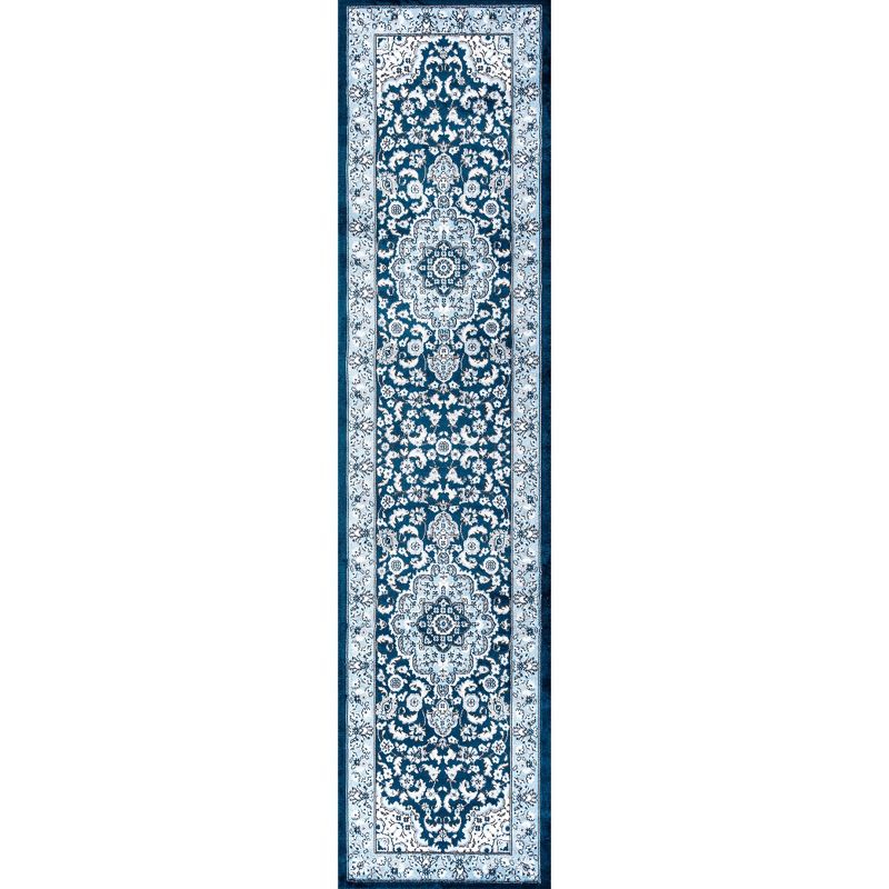 2'x 8' Palmette Modern Persian Floral Runner Rug, Navy/Blue - JONATHAN Y