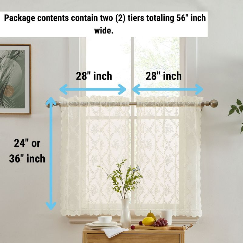 HLC.ME Isabella Floral Rod Pocket Lace Semi Sheer Voile Short Cafe Tiers for Small Windows - Ivory, Tiers - 28 W x 36 L