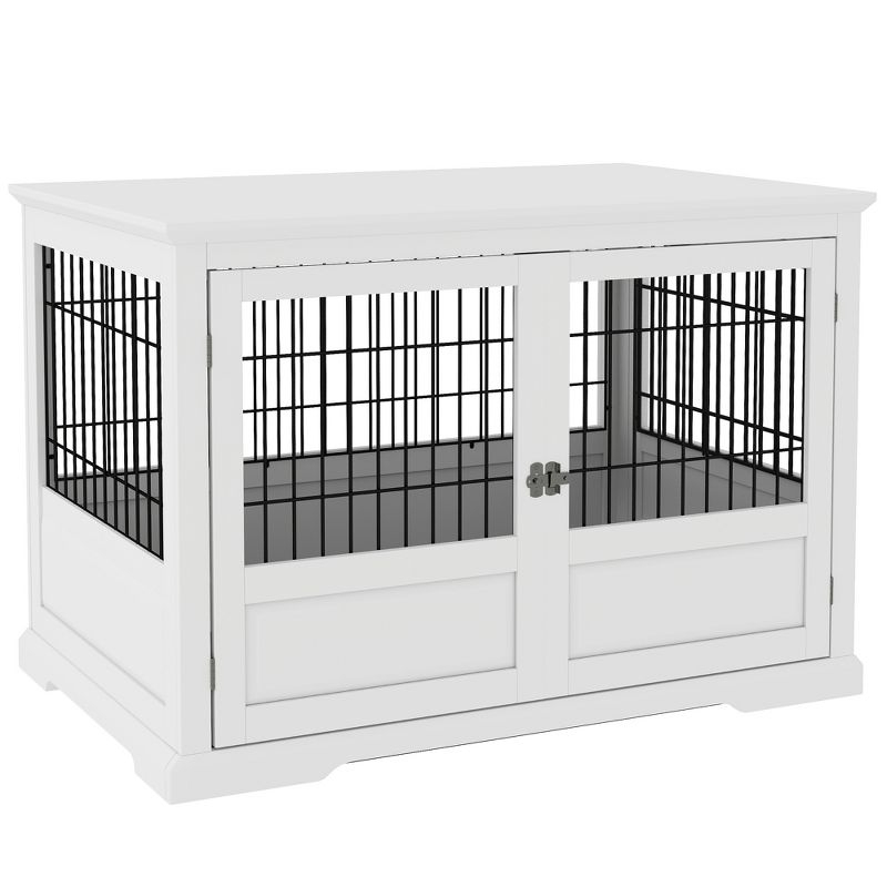 PawHut Dog Crate Furniture, 43" Dog Kennel End Table with 3 Doors, Removable Tray, for Extra Large Medium Small Dogs, Indoor Use, White