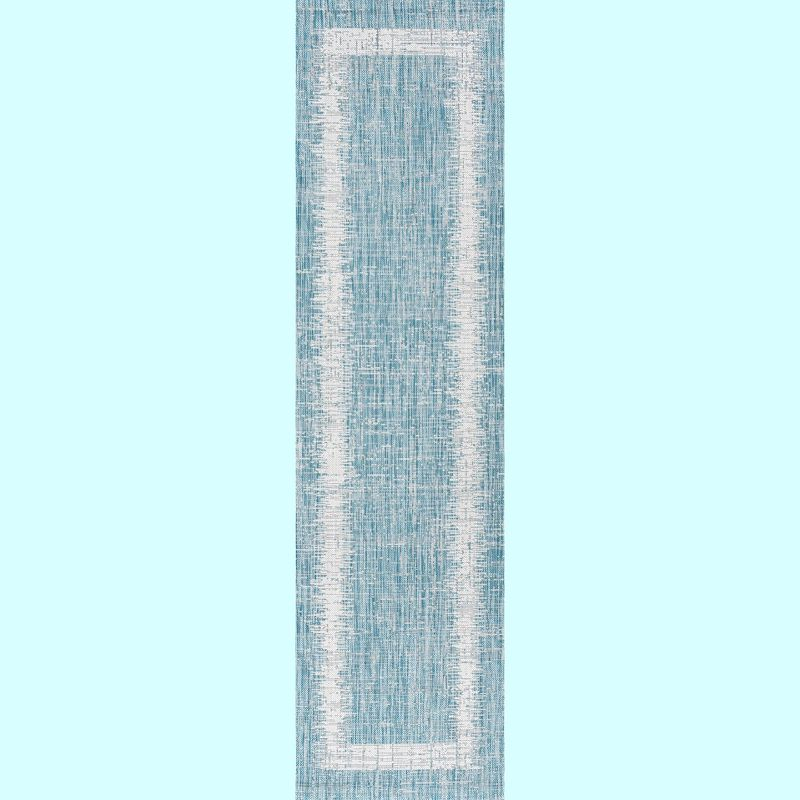 2'x10' Scandi Minimalist Border Indoor/Outdoor Runner Rug, Aqua - JONATHAN Y