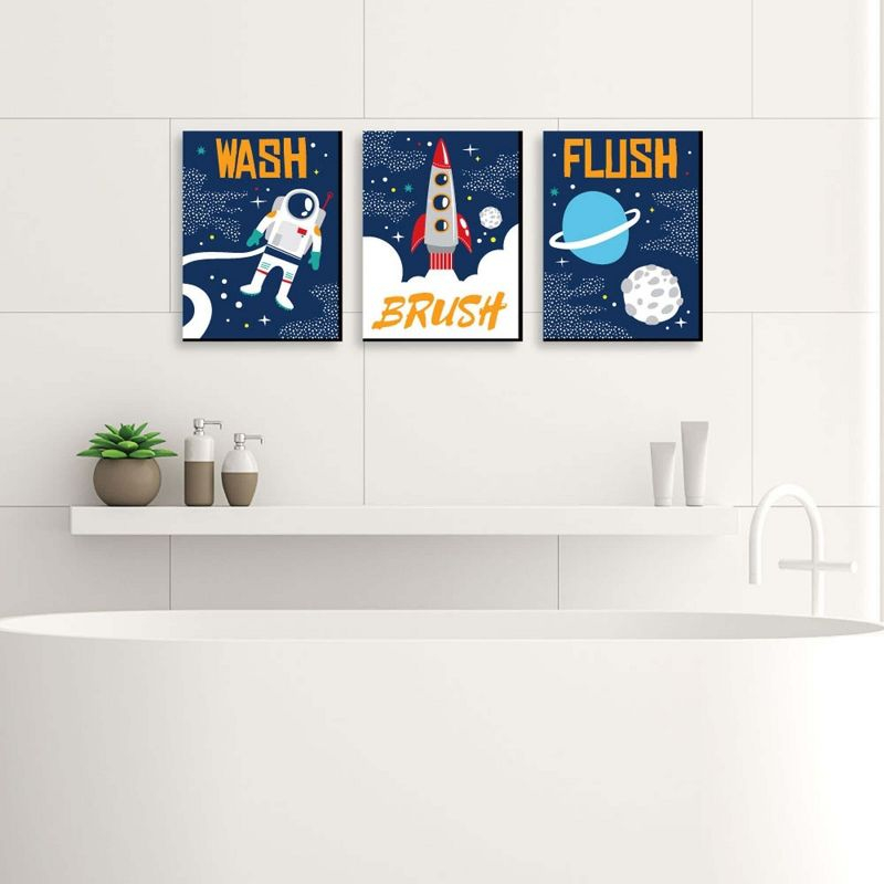 Big Dot of Happiness Blast Off to Outer Space - Kids Bathroom Rules Wall Art - 7.5 x 10 inches - Set of 3 Signs - Wash, Brush, Flush