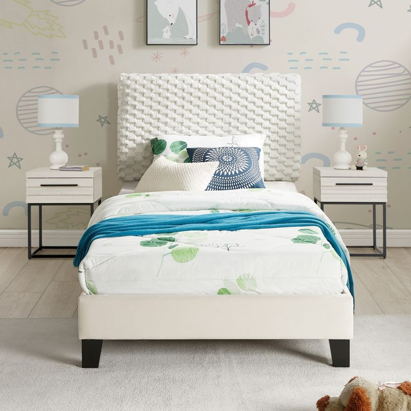 Roundhill Furniture Findlay 3-Piece Bedroom Set, Plush 3D Upholstered Bed with Two Nightstands  Twin