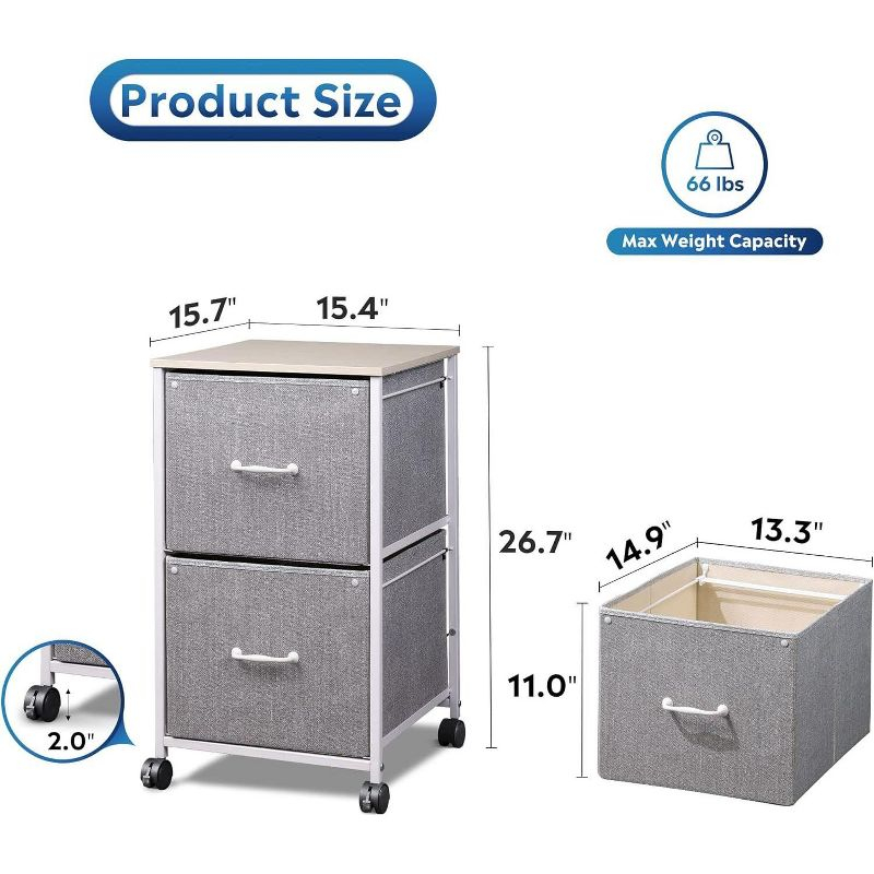 GALAXHERO  2 Drawer Mobile File Cabinet, Rolling Printer Stand, Fabric Vertical Filing Cabinet fits A4 or Letter Size for Home Office, Light Grey