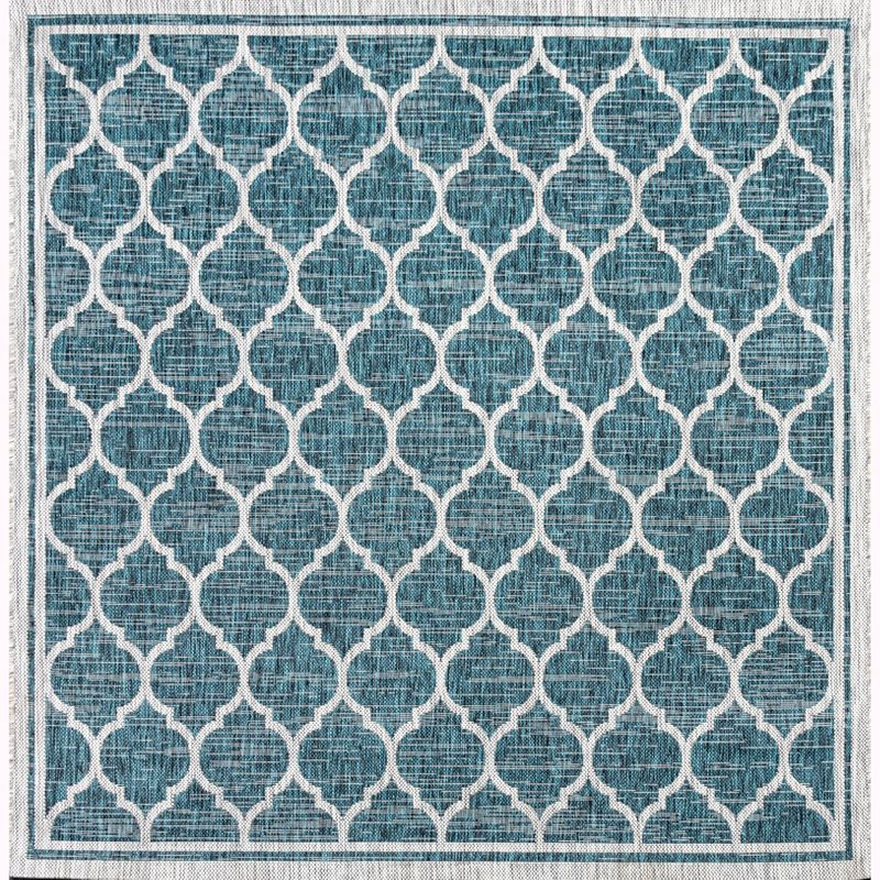 5' Square Trebol Moroccan Trellis Textured Weave Indoor/Outdoor Area Rug, Teal/Gray - JONATHAN Y