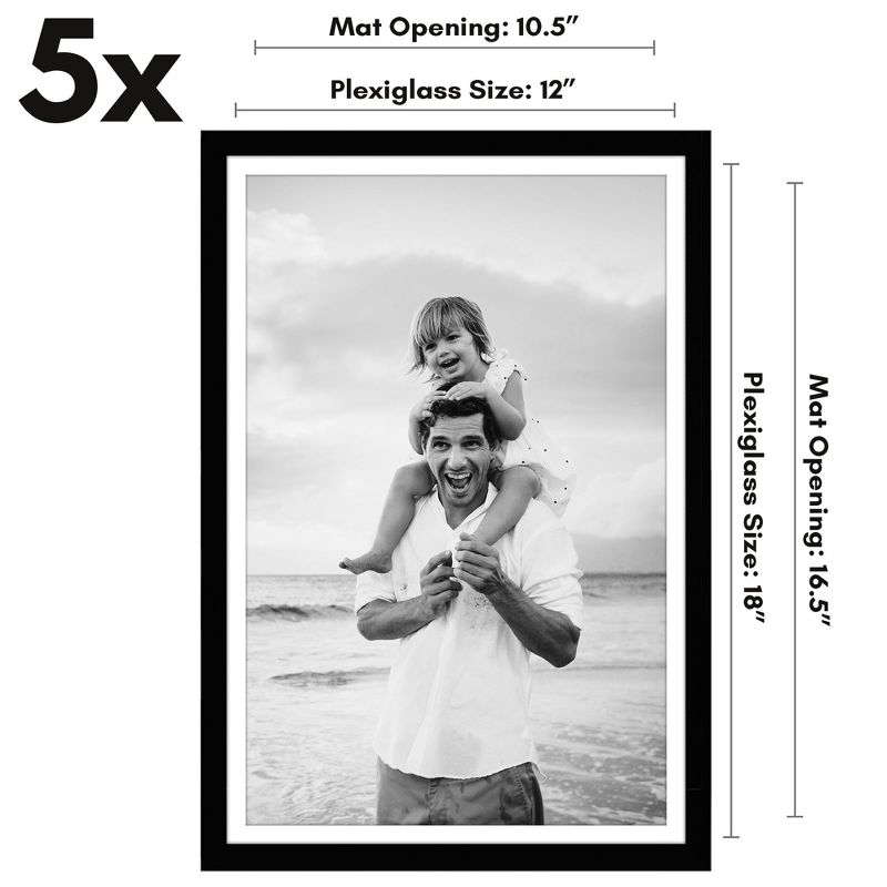 Americanflat 5 Pack of 12x18 Frames with 11x17 Mat - Plexiglass Cover - Black