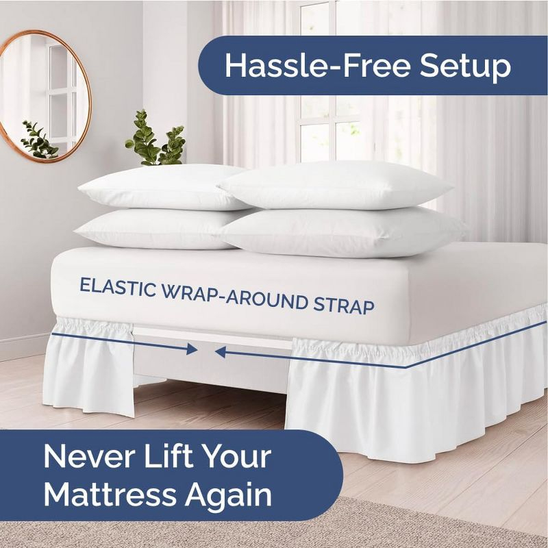 CGK Linens Elastic Wrap-Around Dust Ruffled Bed Skirt - Easy Fit with Pleated 12" Drop in White, Size Queen