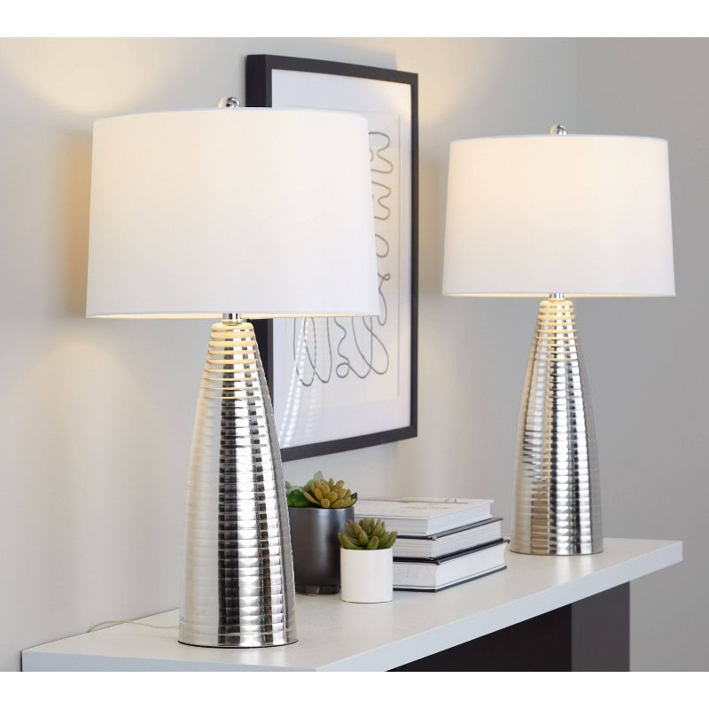 LumiSource (Set of 2) Maya 27.75" Contemporary Metal Table Lamps Polished Nickel with White Linen Shade from Grandview Gallery: UL Listed