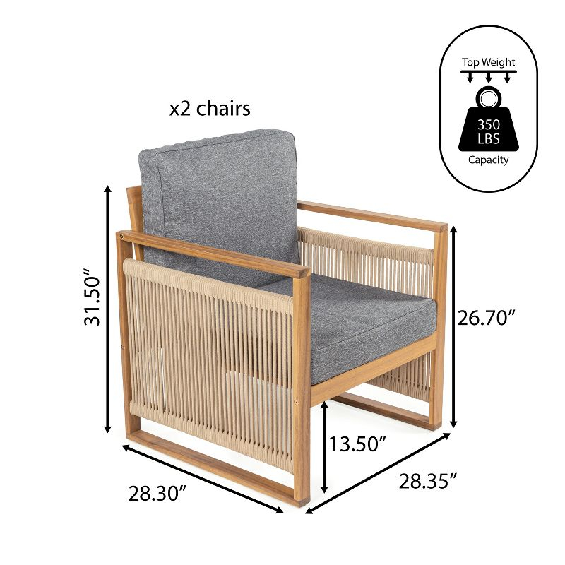 Gable Mid-Century Modern Roped Acacia Wood Outdoor Patio Chair with Cushions, Gray/Teak Brown (Set of 2) - JONATHAN Y