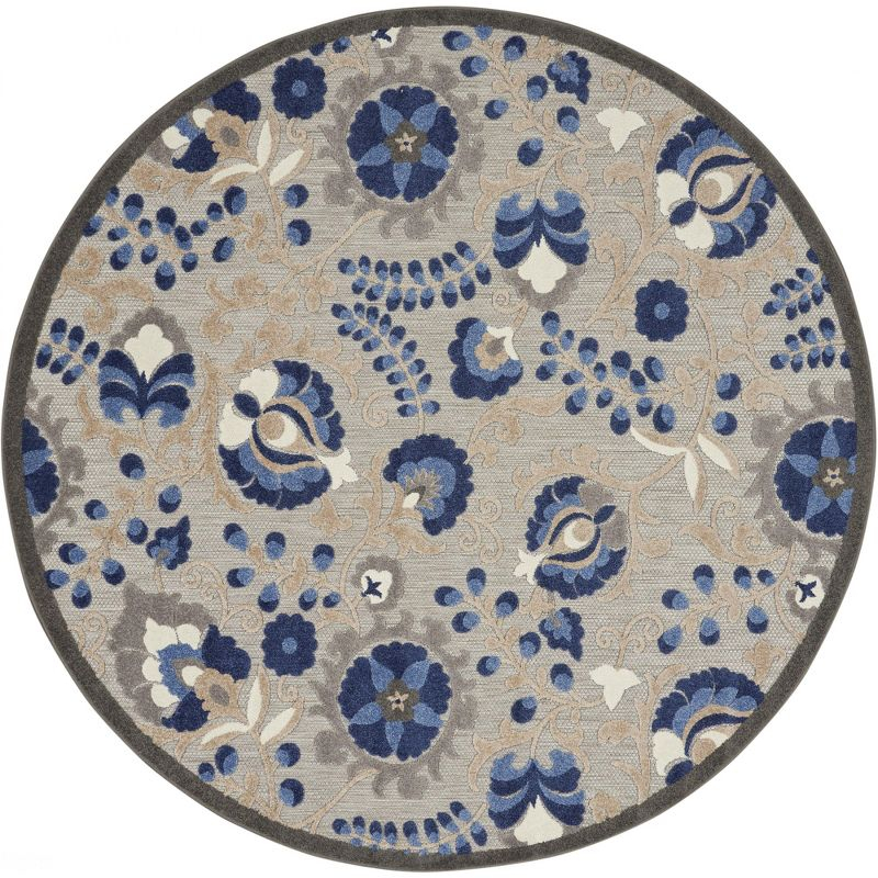 Nourison Aloha Floral Textured Flatweave High-Low Indoor Outdoor Round Rug Natural/Blue 5'3" x 5'3"