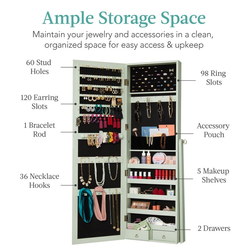 Best Choice Products Jewelry Armoire Cabinet, Full Length Mirror w/ Velvet Storage Interior, Lock - Sage
