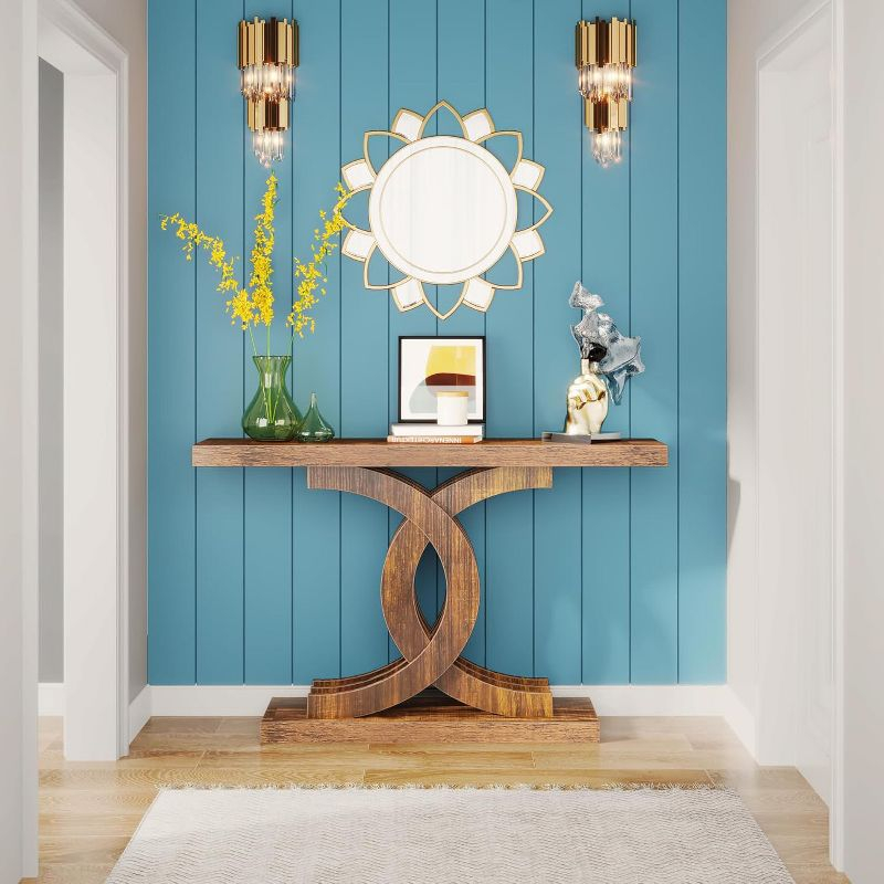 Tribesigns Modern 39-inch Console Tables, Farmhouse Entryway Table with Geometric Base, Wooden Narrow Hallway Table/Sofa Table for Living Room, Brown