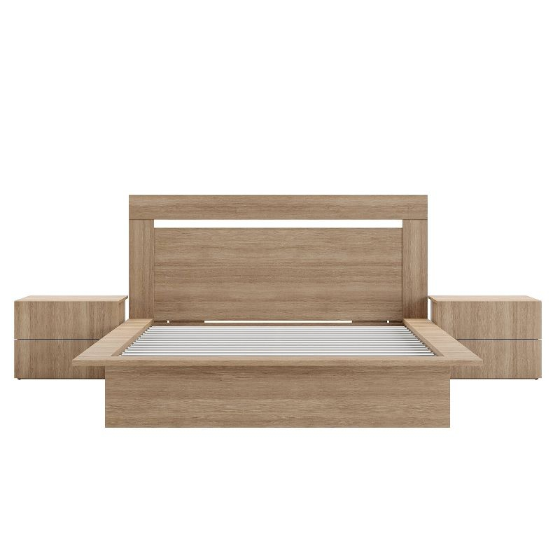 Nexera 4pc Queen Malibu Bedroom Set Brown Oak: Modern Minimalist Design, Platform Bed, 2 Nightstands