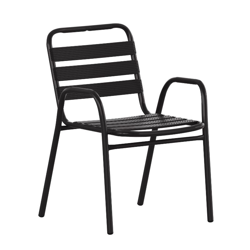 Flash Furniture Lila Commercial Black Metal Indoor-Outdoor Restaurant Stack Chair with Metal Triple Slat Back and Arms