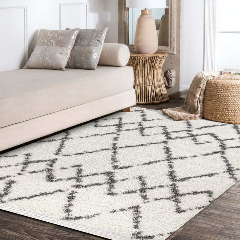 8'x10' Mercer Shag Plush Tassel Moroccan Geometric Trellis Area Rug, Cream/Grey - JONATHAN Y