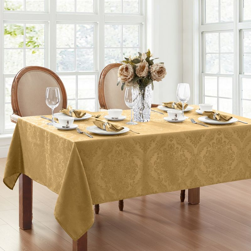 Caiden Elegance Damask Water & Stain Resistant Tablecloth - 52" Square - Gold - Elrene Home Fashions