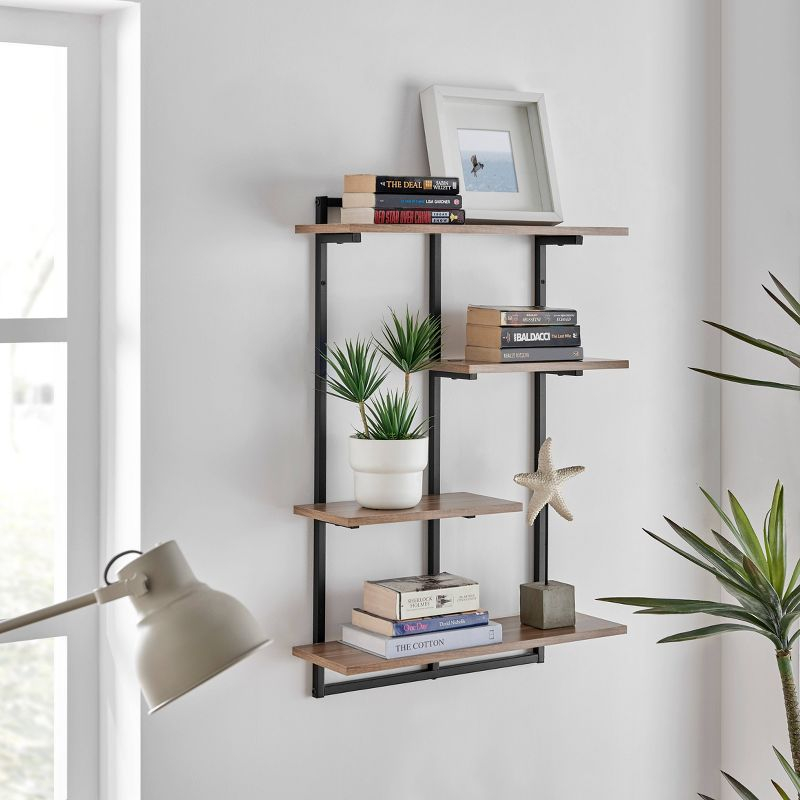 Danya B. 34.5" x 23.6" Rhodes 4 Tier Modern Floating Windowsill Wall Shelf Unit Black/Light Walnut: MDF & Iron, Open Design