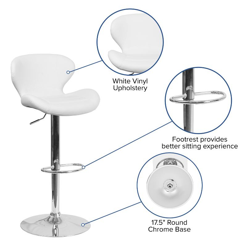 Flash Furniture Contemporary White Vinyl Adjustable Height Barstool with Curved Back and Chrome Base