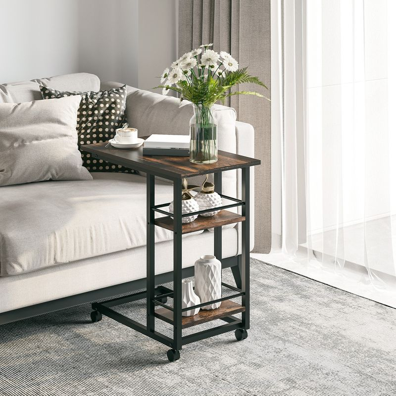 HOMCOM C Shaped End Table with Storage Shelves, Mobile Side Table with Wheels for Sofa Couch, Bed, Metal Frame