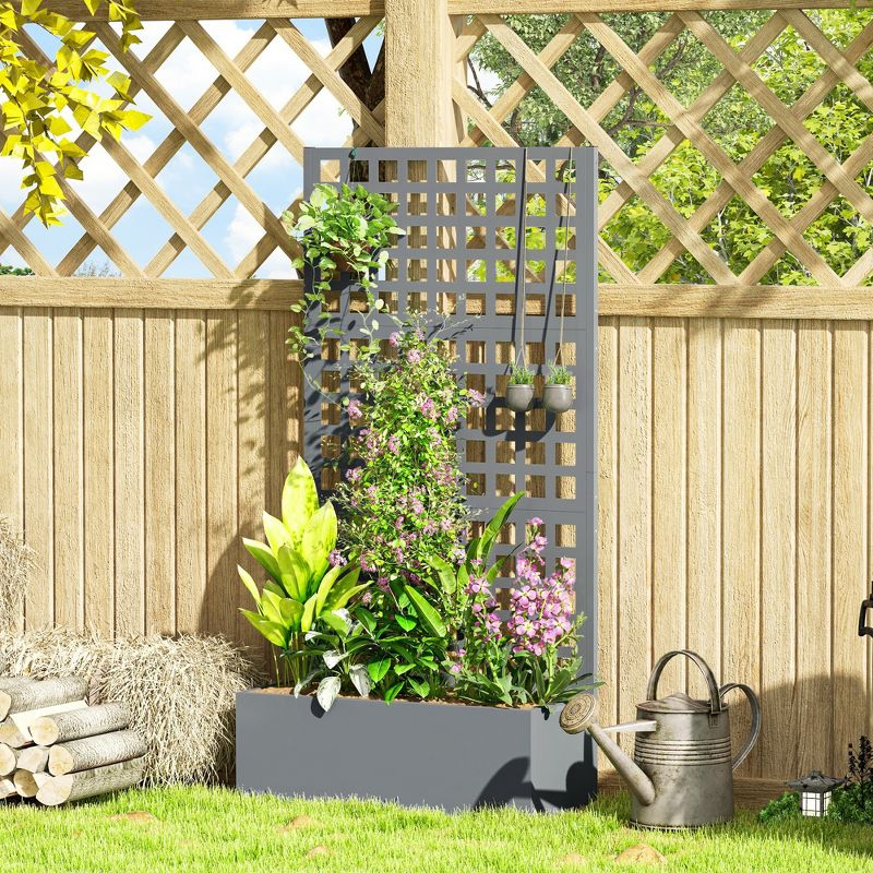 Outsunny Galvanized Raised Garden Bed with Trellis and Drainage Holes for Climbing Plants, Vegetable, Vines, 35" x 16" x 70", Gray