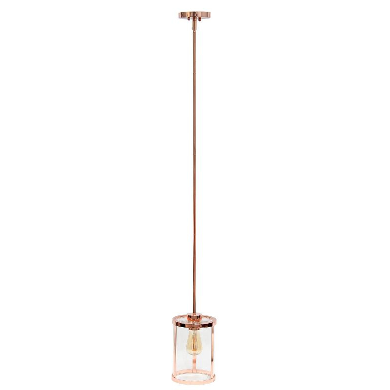 1-Light 9.25" Modern Farmhouse Adjustable Hanging Cylindrical Clear Glass Pendant Fixture with Metal Accent Rose Gold - Lalia Home