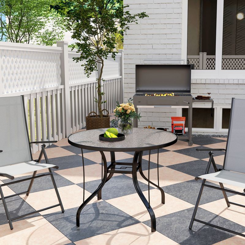 Outsunny 38" Round Patio Table, Outdoor Dining Table Tempered Glass Metal Frame Bistro Table with Umbrella Hole, for Deck, Yard, Balcony, Lawn, Pool