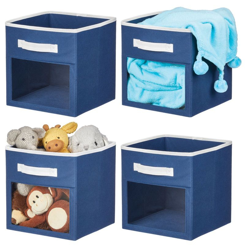mDesign Fabric Nursery Storage Cube with Front Window, 4 Pack - Navy Blue/White