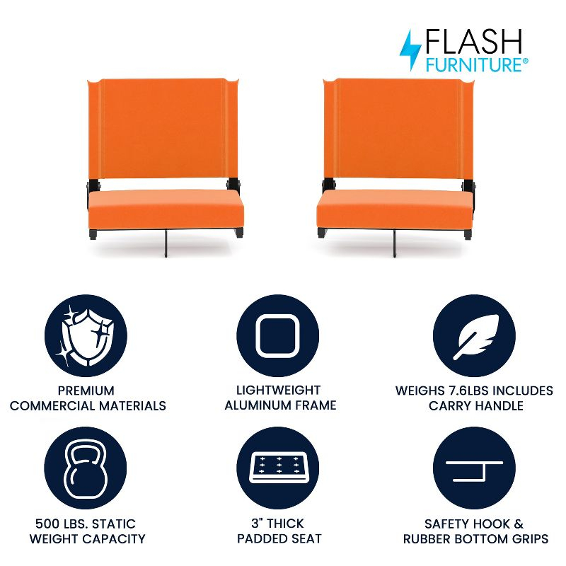 Flash Furniture Set of 2 Grandstand Comfort Seats by Flash - 500 lb. Rated Lightweight Stadium Chair with Handle & Ultra-Padded Seat, Orange