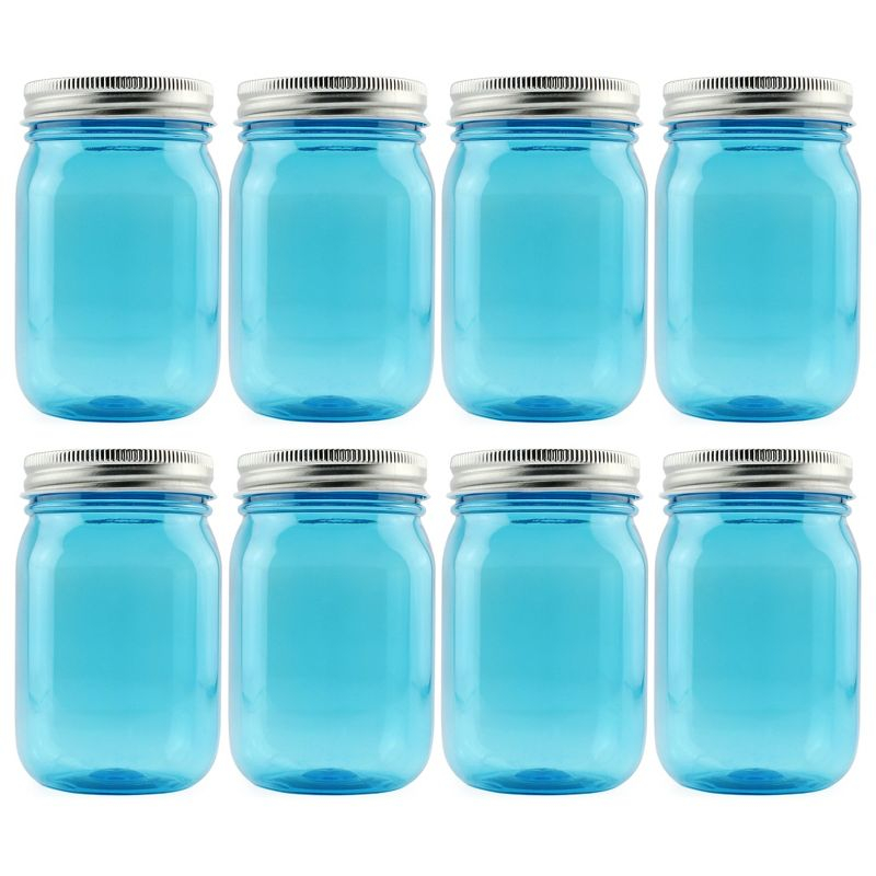 Cornucopia Brands 16oz Plastic Mason Jars 8pk, Blue/Silver; Mason Jar Style w/ Metal Lids, Pint Size, Compatible w/ Regular Mason Jar Lids