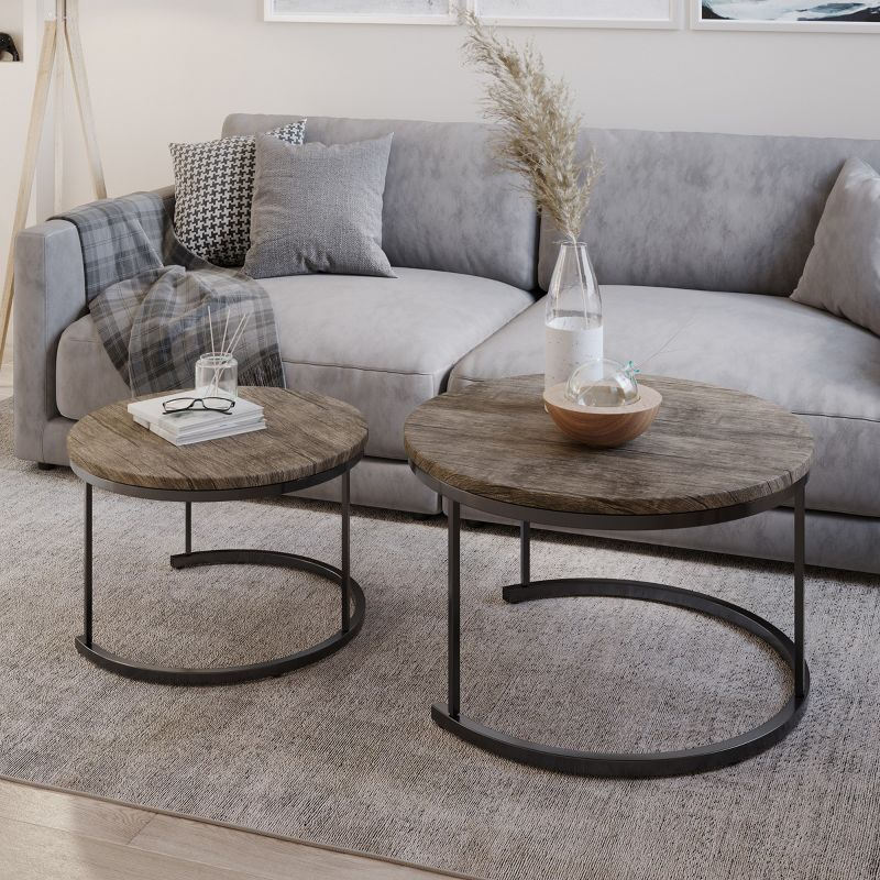 Lavish Home 2-Piece Round Nesting Coffee Tables, Modern Farmhouse Style, Gray/Brown