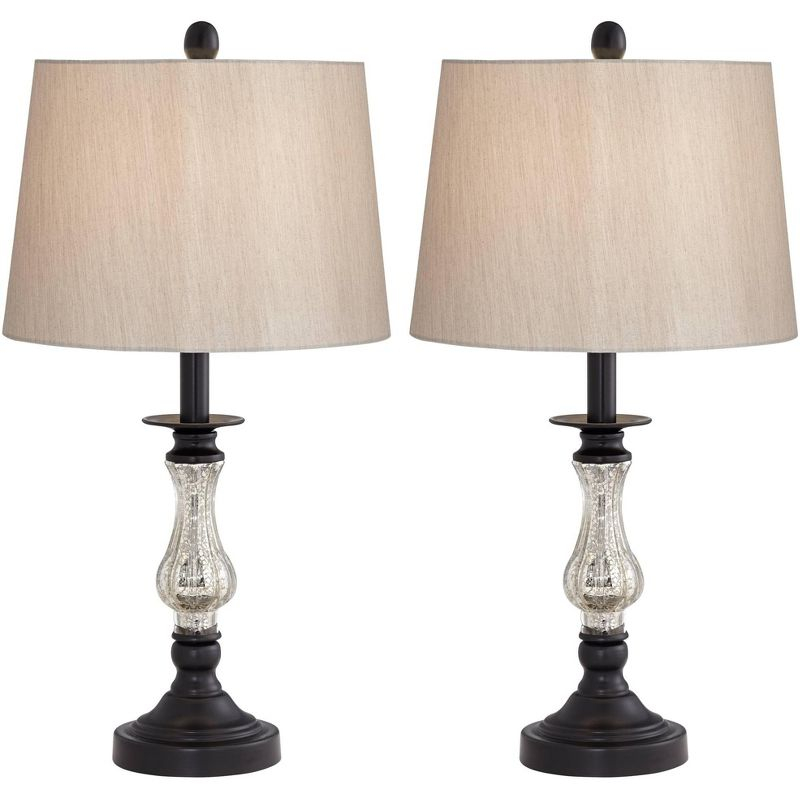 Barnes and Ivy 24" High Small Candlestick Traditional Accent Table Lamps Set of 2 Black Mercury Glass Metal Beige Shade Living Room Bedroom Bedside