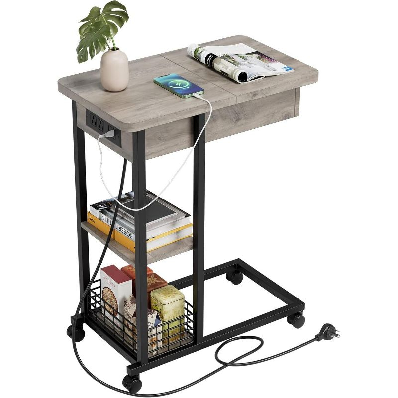 C-Shaped Side Table with Charging Station, Flip Top End Table with USB Ports and Outlets
