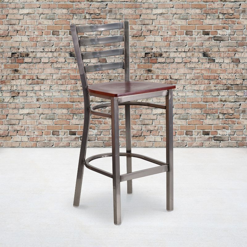 Flash Furniture HERCULES Series Clear Coated Ladder Back Metal Restaurant Barstool - Mahogany Wood Seat