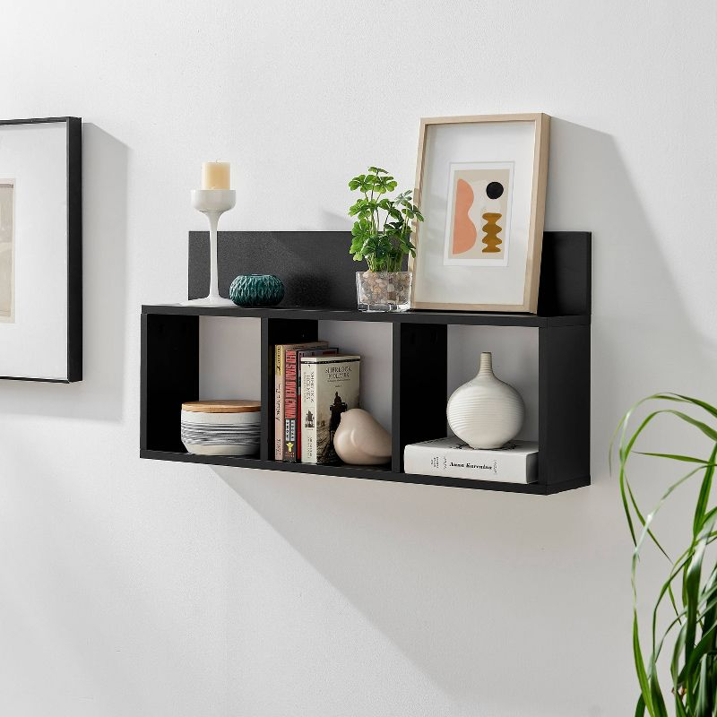 Danya B. 31.5" x 15.7" Modern 3 Cube Floating Wall Shelf with Display Ledge Black: Mid-Century Style, MDF & Iron