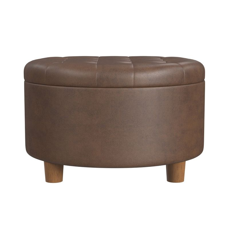 HomePop Tufted Faux Leather Round Storage Ottoman Brown: Upholstered Traditional Decor, Hardwood Frame