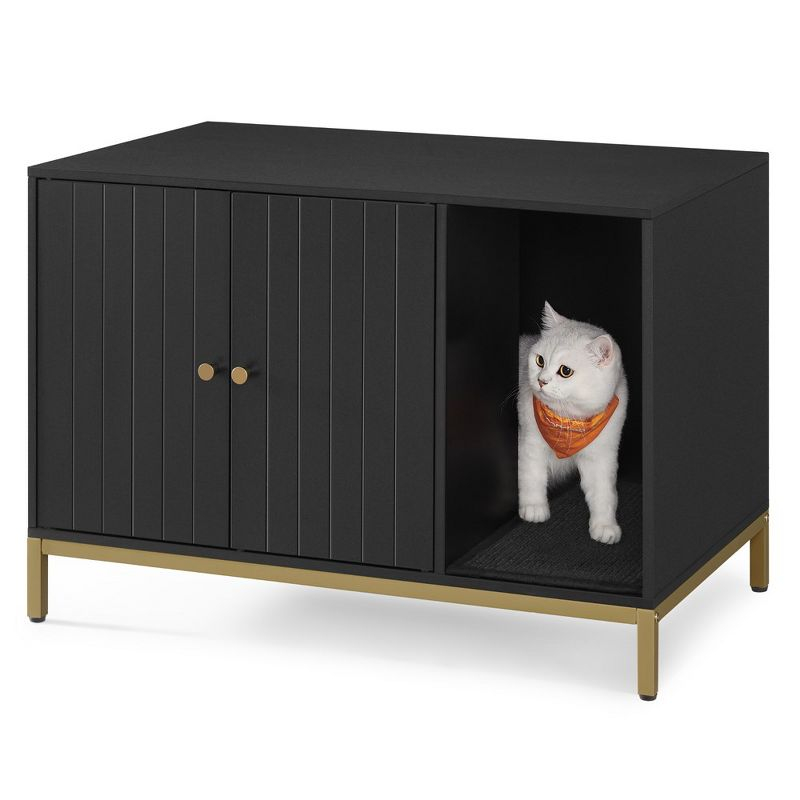 Feandrea Litter Box Enclosure, Modern Furniture with Scratching Mat, Cat House Simply Black and Metallic Gold